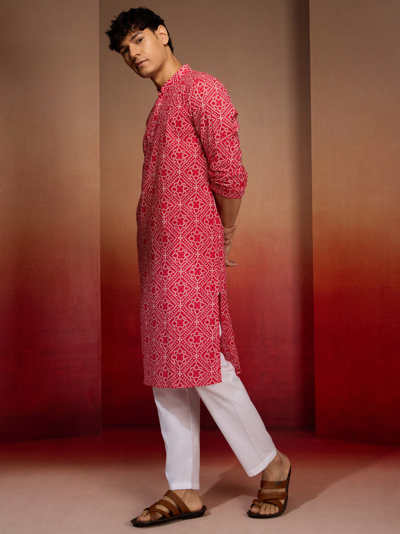 Men's Red Bandhani Kurta with Pyjama