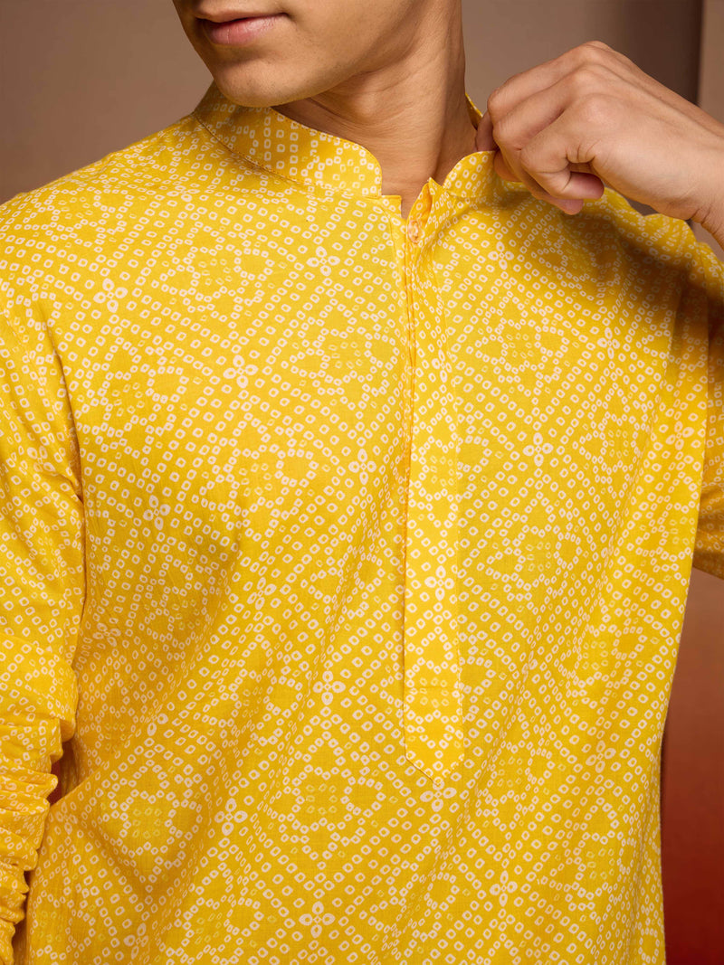 Men's Yellow Cotton Cambric Bandhani Kurta