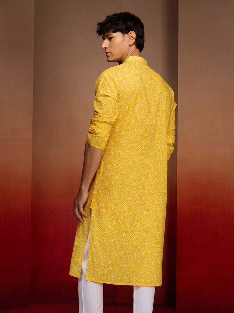 Men's Yellow Cotton Cambric Bandhani Kurta