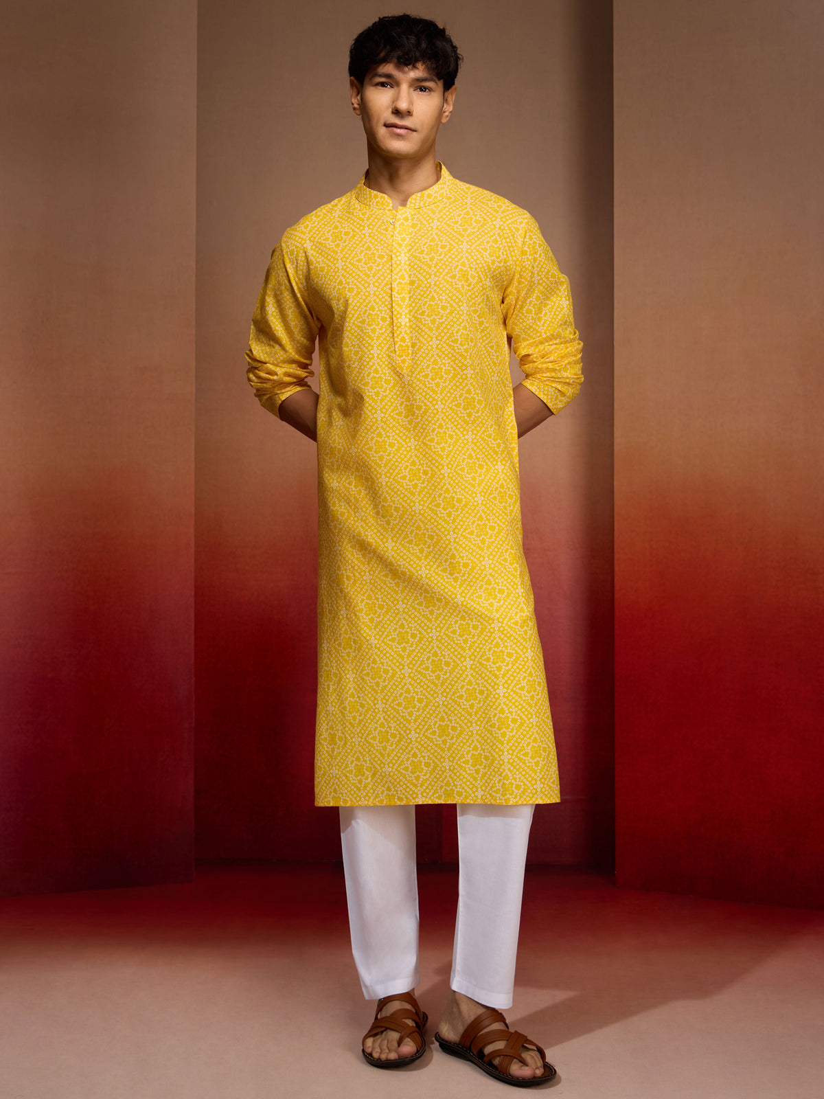 Men's Yellow Cotton Cambric Bandhani Kurta
