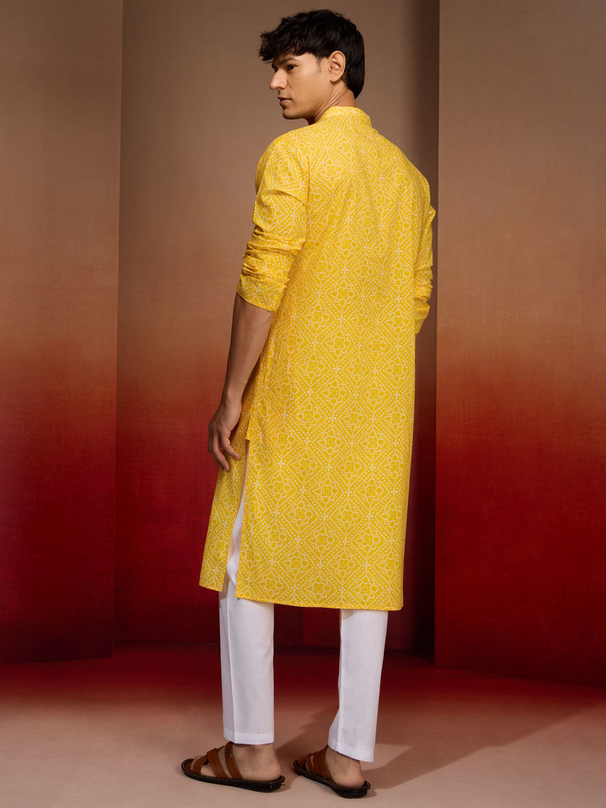 Mens Yellow Bandhani Kurta with Pyjama