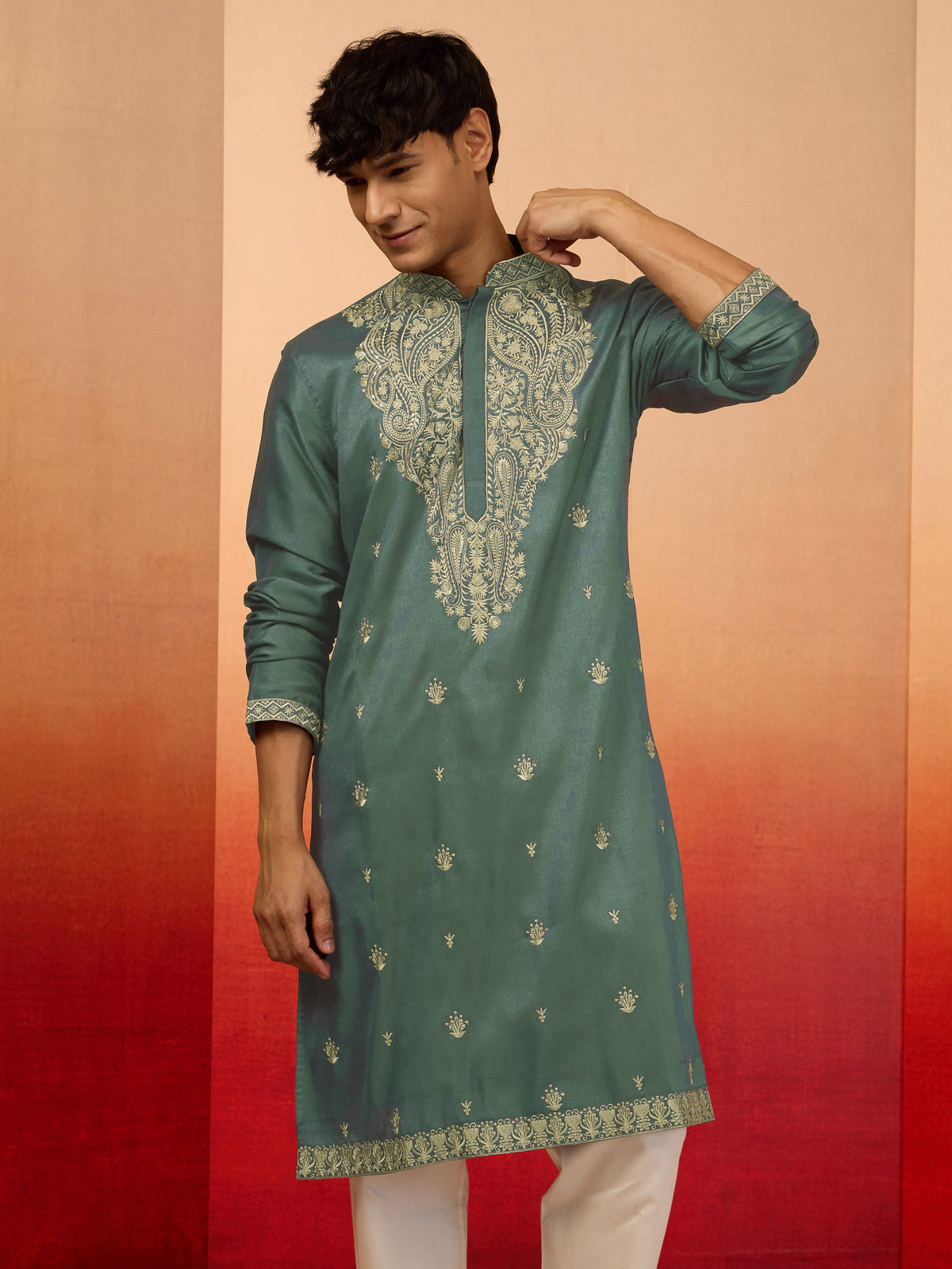 Men's Mint Green Resham Embroidered Silk Kurta