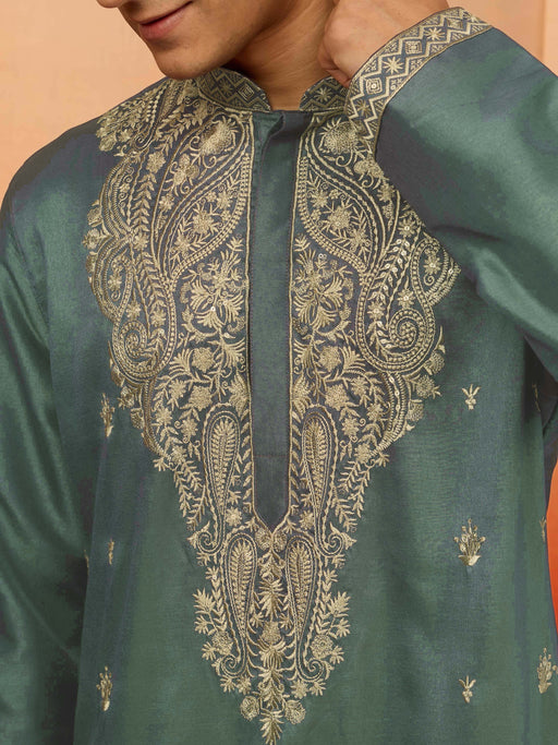 Men's Mint Green Resham Embroidered Silk Kurta