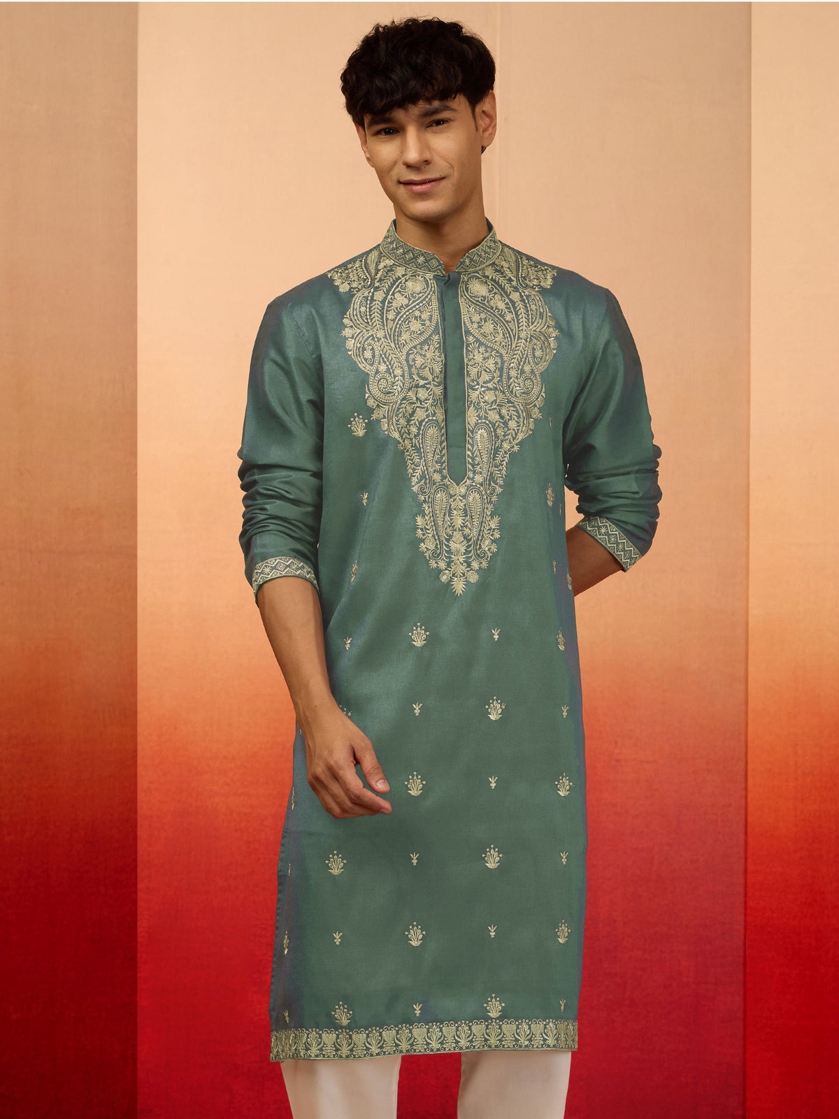 Men's Mint Green Resham Embroidered Silk Kurta
