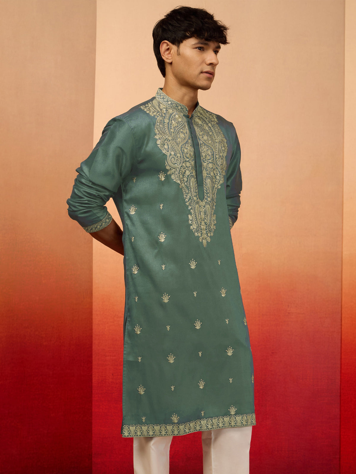 Men's Mint Green Resham Embroidered Silk Kurta