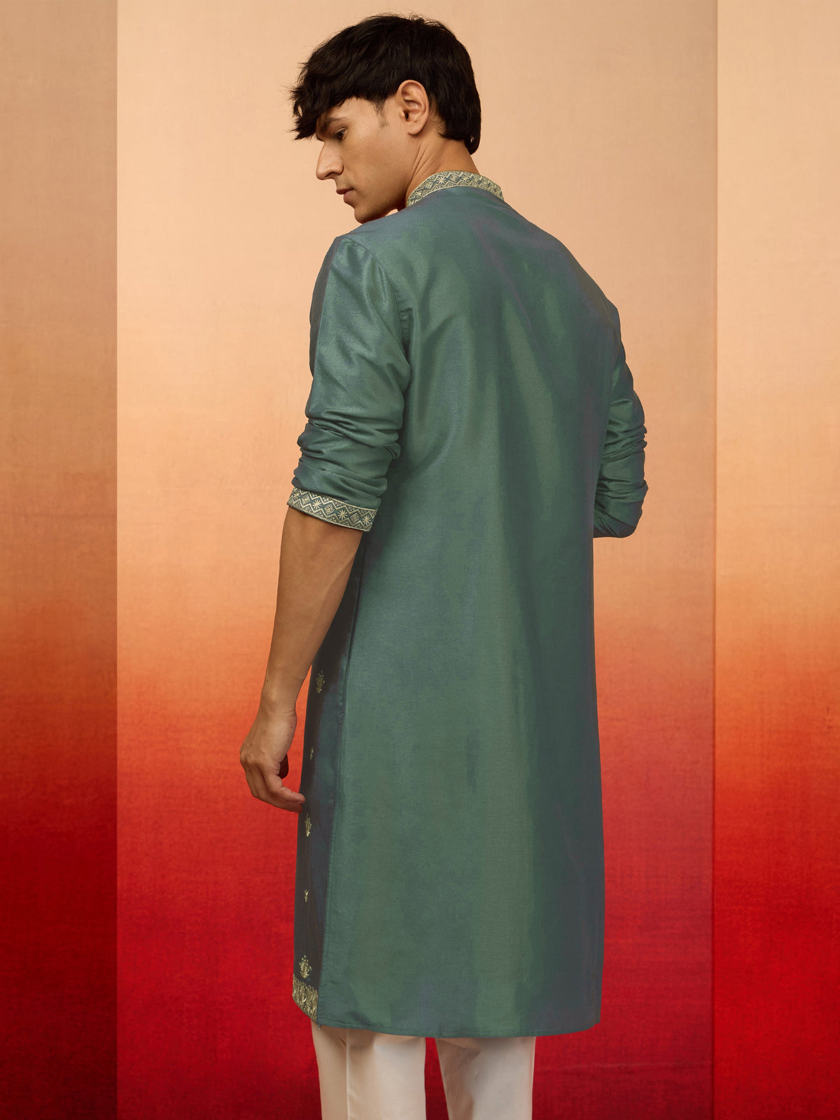 Men's Mint Green Resham Embroidered Silk Kurta