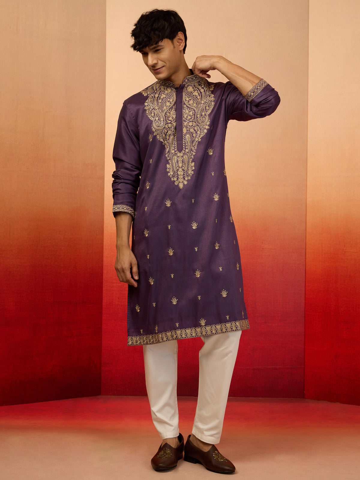 Men's Purple Resham Embroidered Silk Kurta