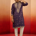 Men's Purple Silk Blend Resham Embroidered Kurta with Cream Pyjama