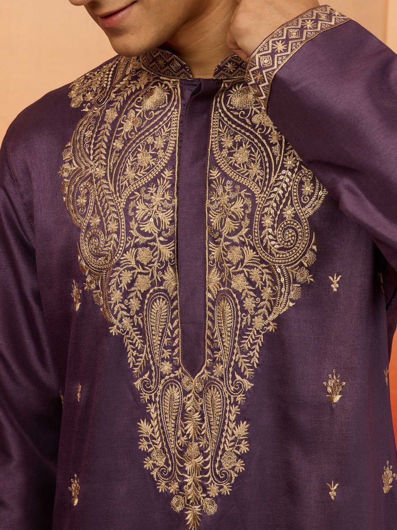 Men's Purple Silk Blend Resham Embroidered Kurta with Cream Pyjama
