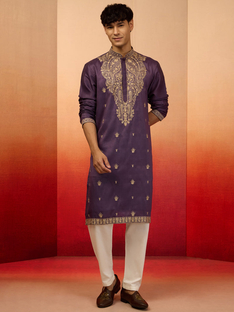 Men's Purple Silk Blend Resham Embroidered Kurta with Cream Pyjama