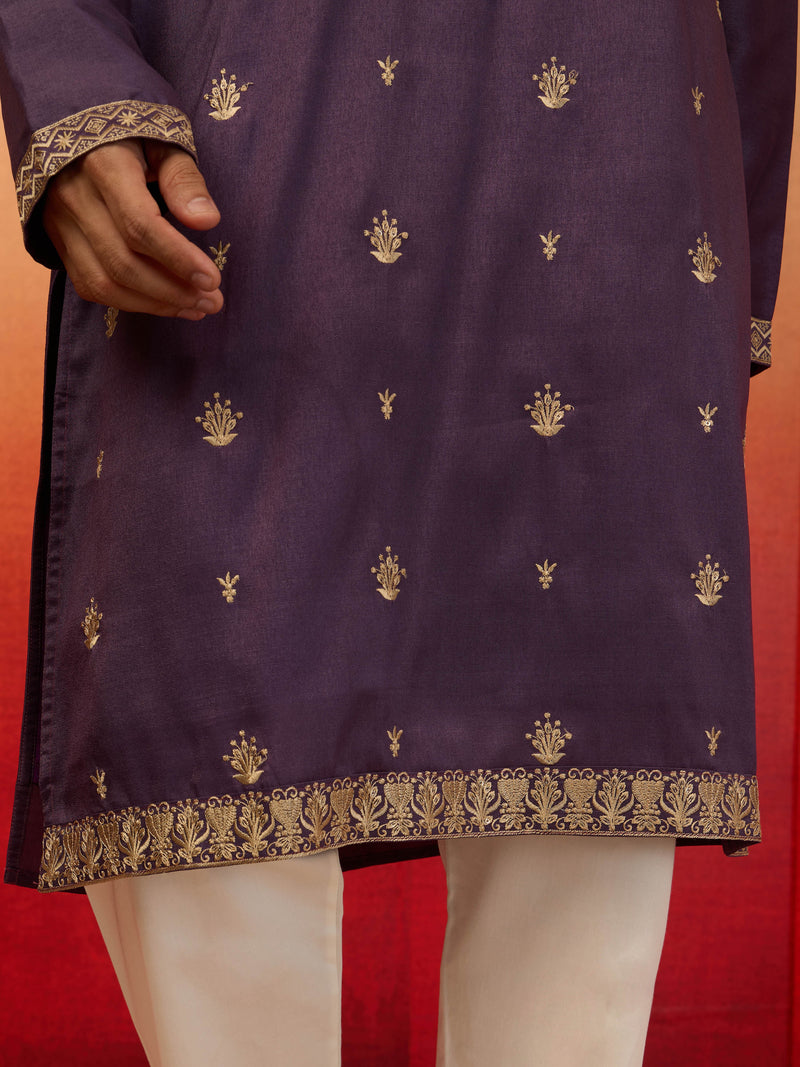 Men's Purple Silk Blend Resham Embroidered Kurta with Cream Pyjama