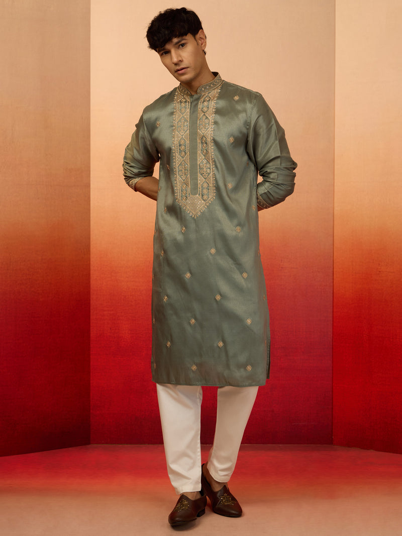 Men's Mint Green Silk Blend Resham Embroidered Kurta with Cream Pyjama
