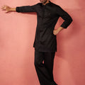 Men's Black Fine Satin Stone Work Kurta with Flare Pant