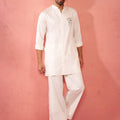 Men's White Fine Satin Stone Work Kurta with Cream Flare Pant