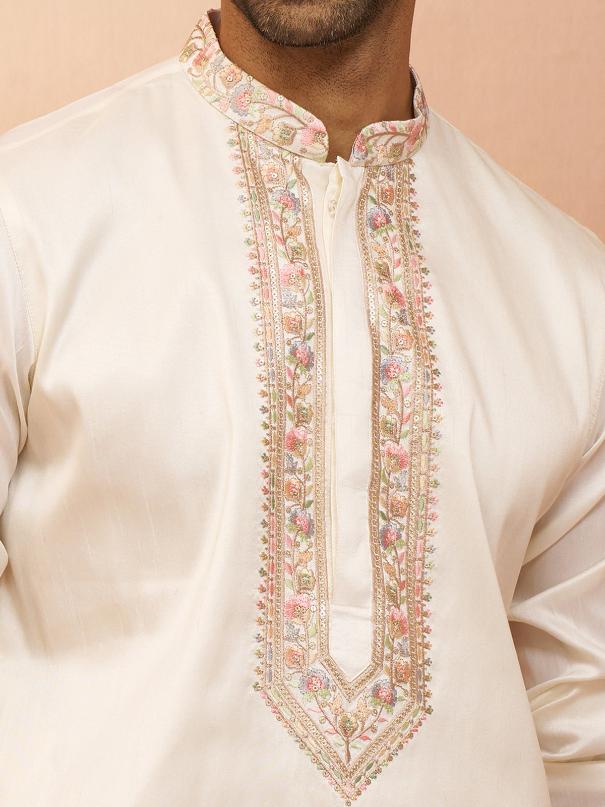 Vastramay Men Off White Silk Embroidered Mid Kurta