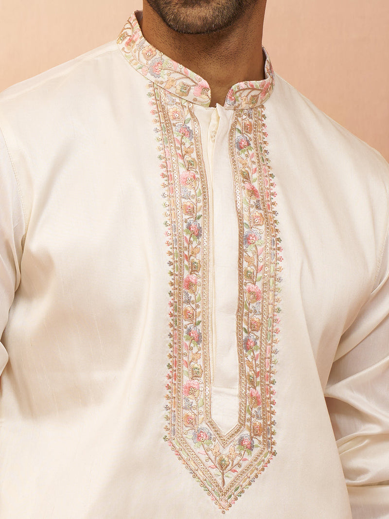Men's Off White Embroidered Kurta with Palazzo