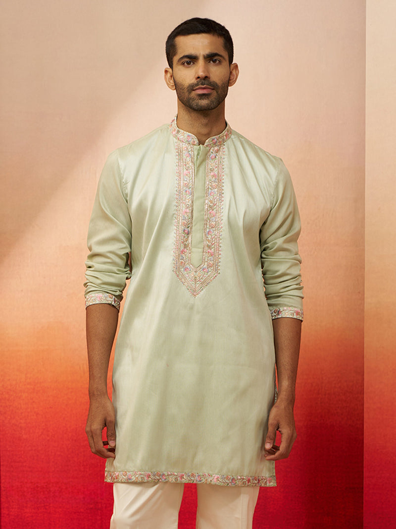 Vastramay Men Pista Green Silk Embroidered Mid Kurta
