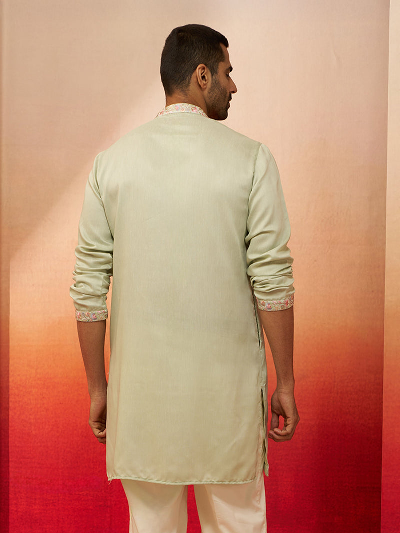 Vastramay Men Pista Green Silk Embroidered Mid Kurta