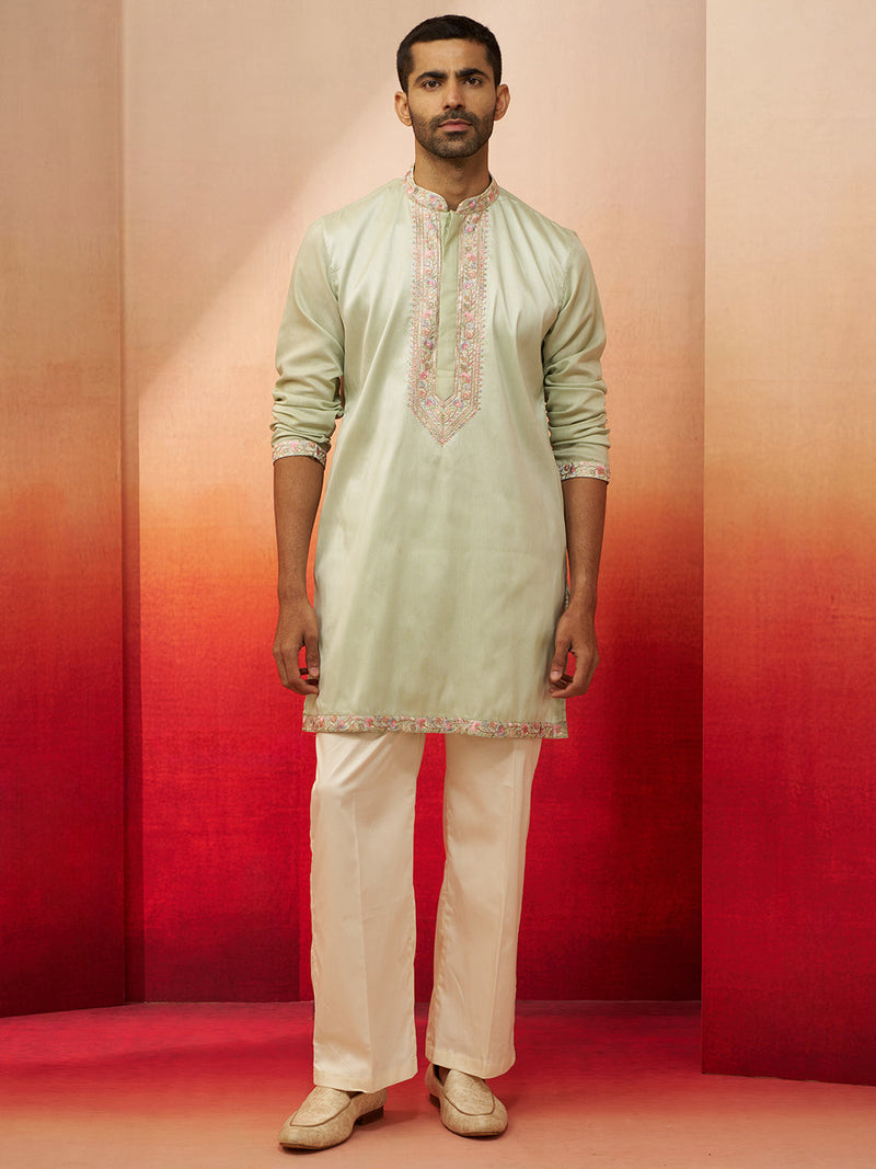 Vastramay Men Pista Green Silk Embroidered Mid Kurta
