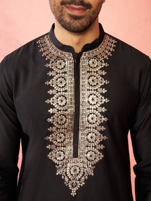 Men's Black Fine Satin Hand Embroidered Kurta