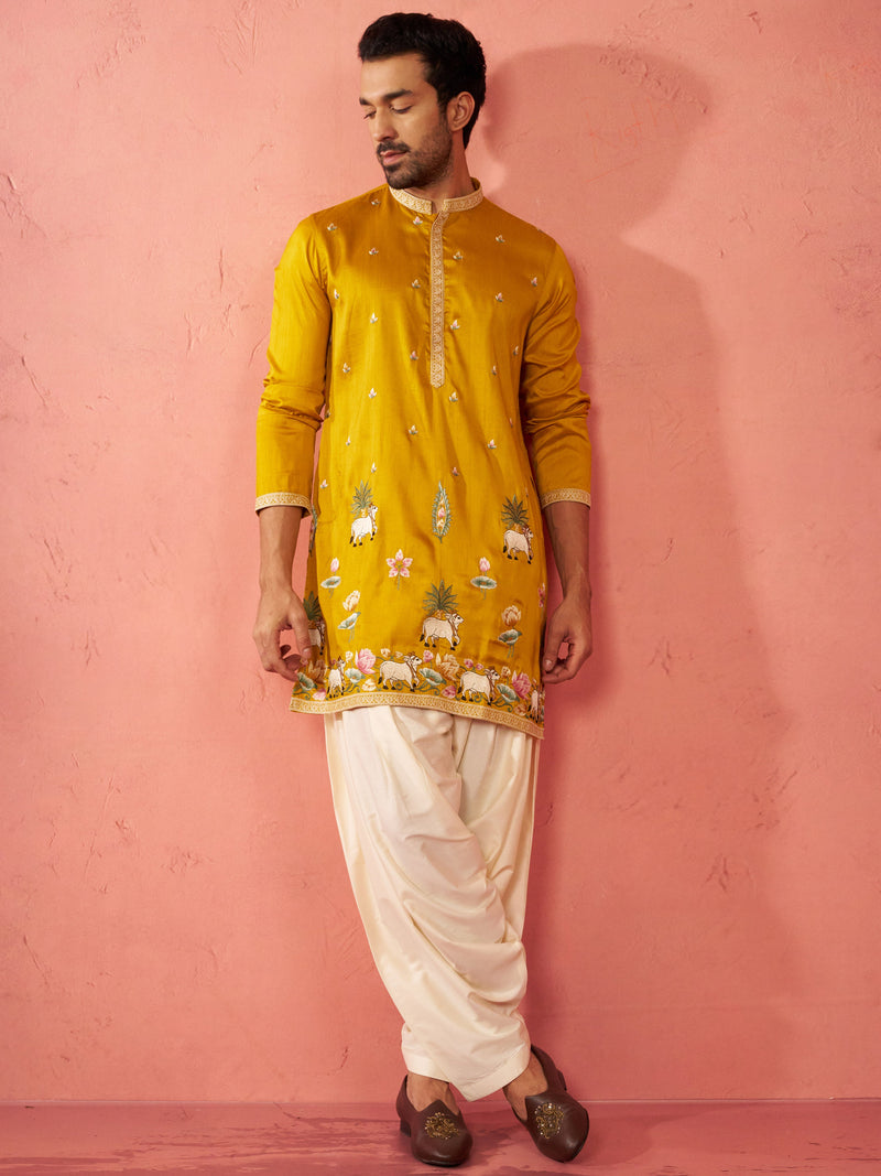 Men's Mustard Silk Blend Embroidered Kurta with Cream Patiala
