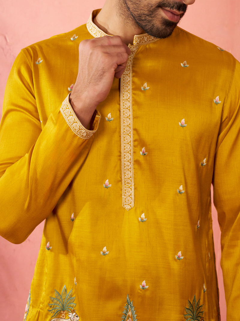 Men's Mustard Silk Blend Embroidered Kurta with Cream Patiala
