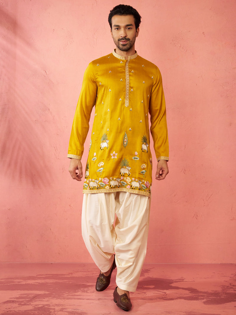 Men's Mustard Silk Blend Embroidered Kurta with Cream Patiala