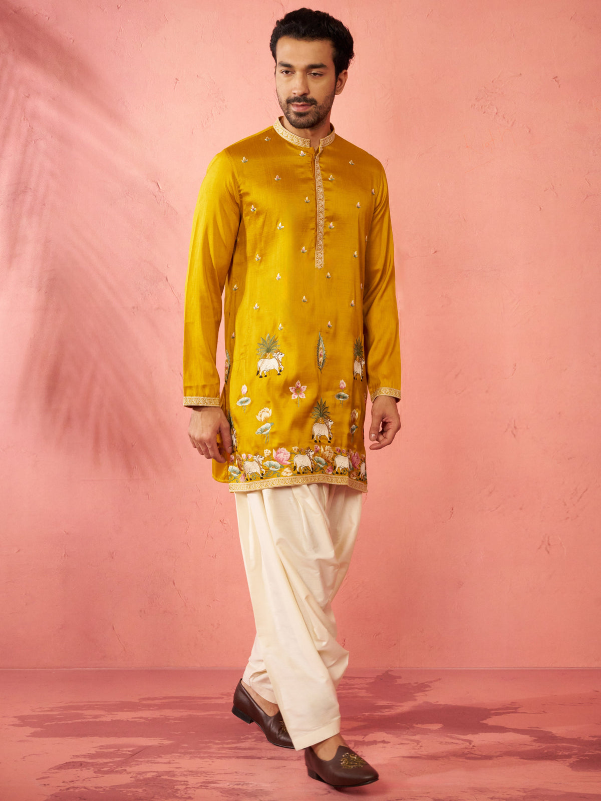 Men's Mustard Silk Blend Embroidered Kurta with Cream Patiala