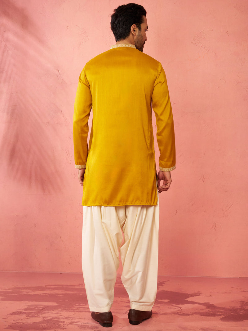 Men's Mustard Silk Blend Embroidered Kurta with Cream Patiala