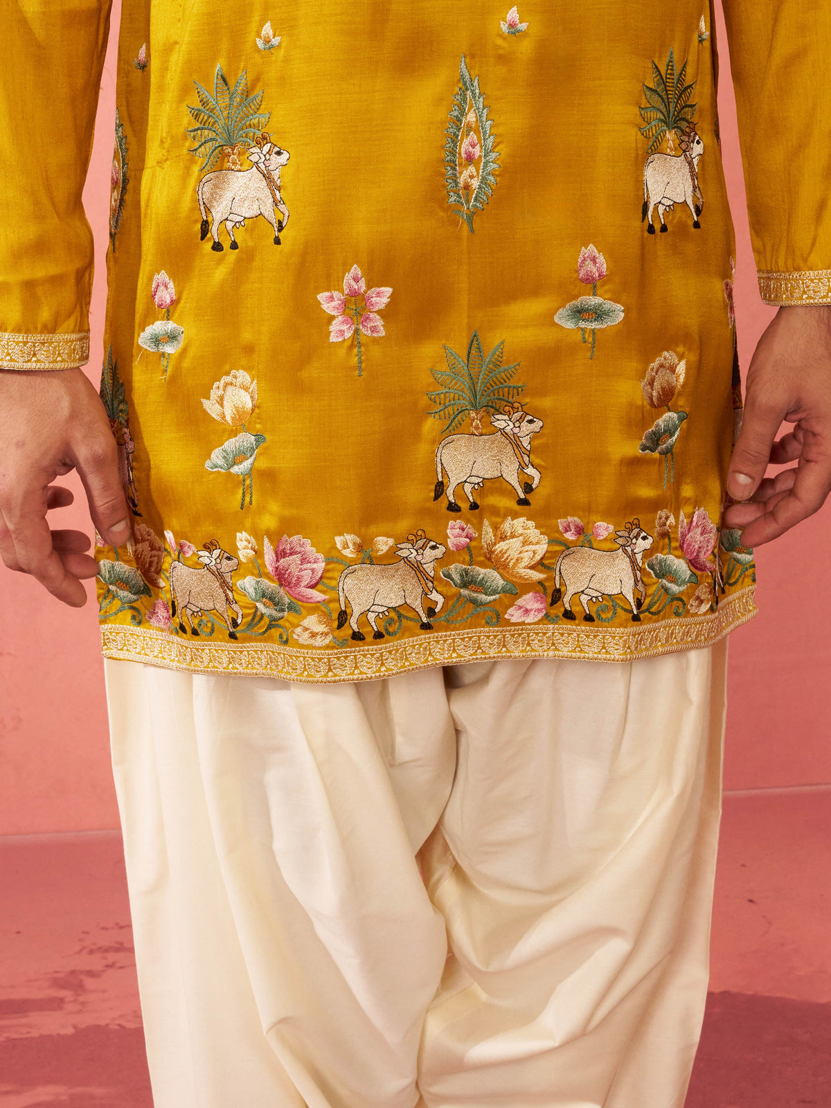 Men's Mustard Silk Blend Embroidered Kurta with Cream Patiala