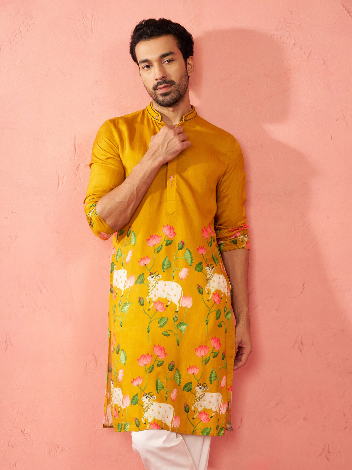 Men's Mustard Digital Print Long Kurta