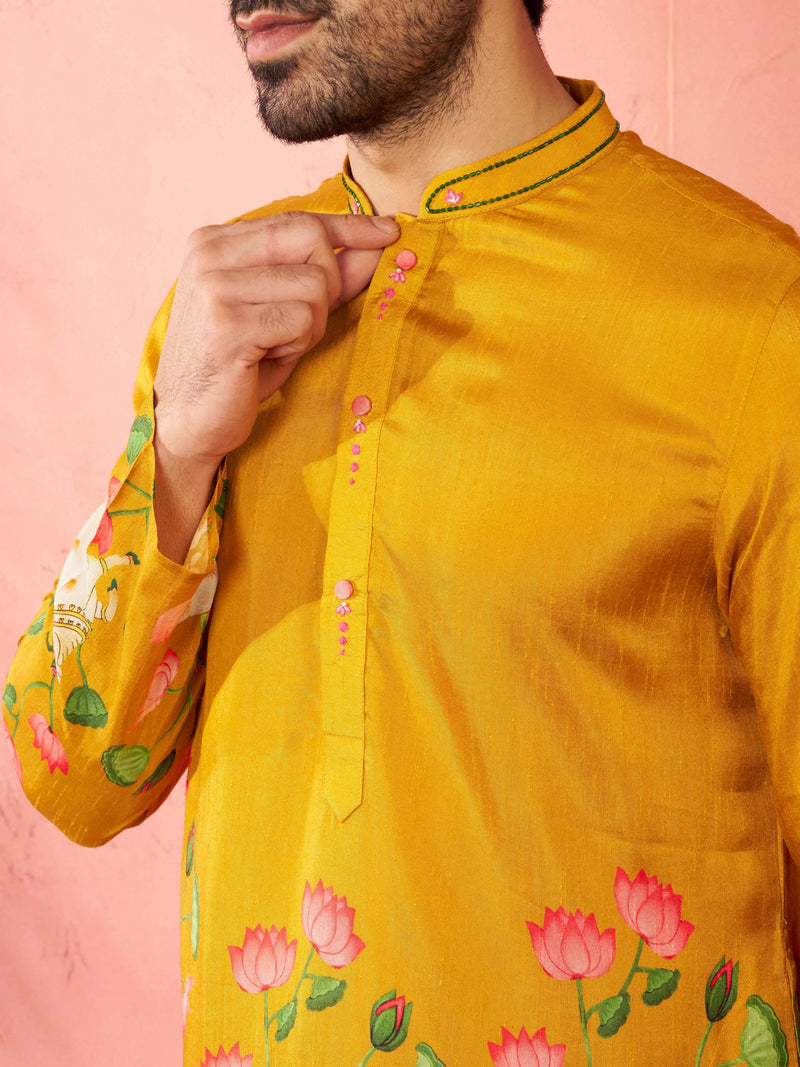 Men's Mustard Digital Print Long Kurta