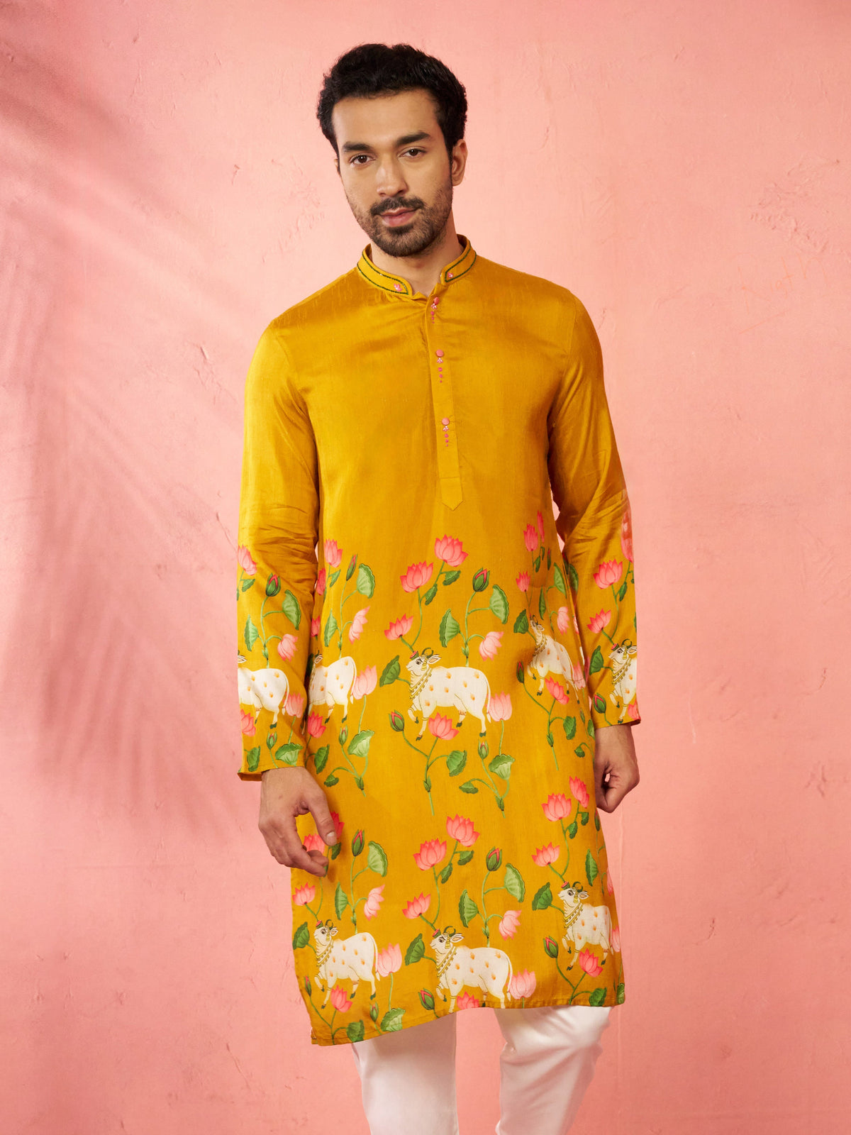 Men's Mustard Digital Print Long Kurta