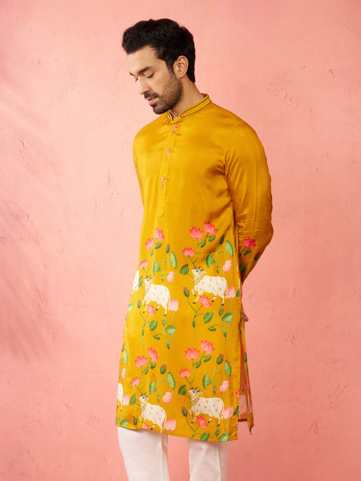 Men's Mustard Digital Print Long Kurta
