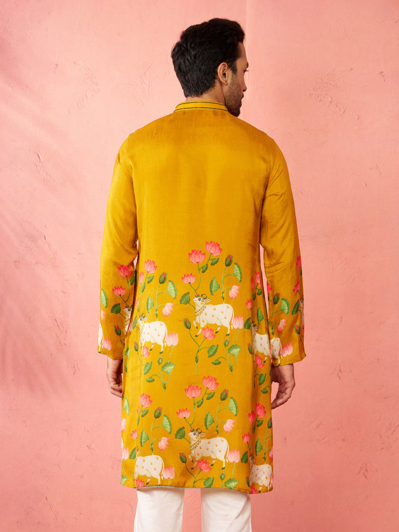 Men's Mustard Digital Print Long Kurta