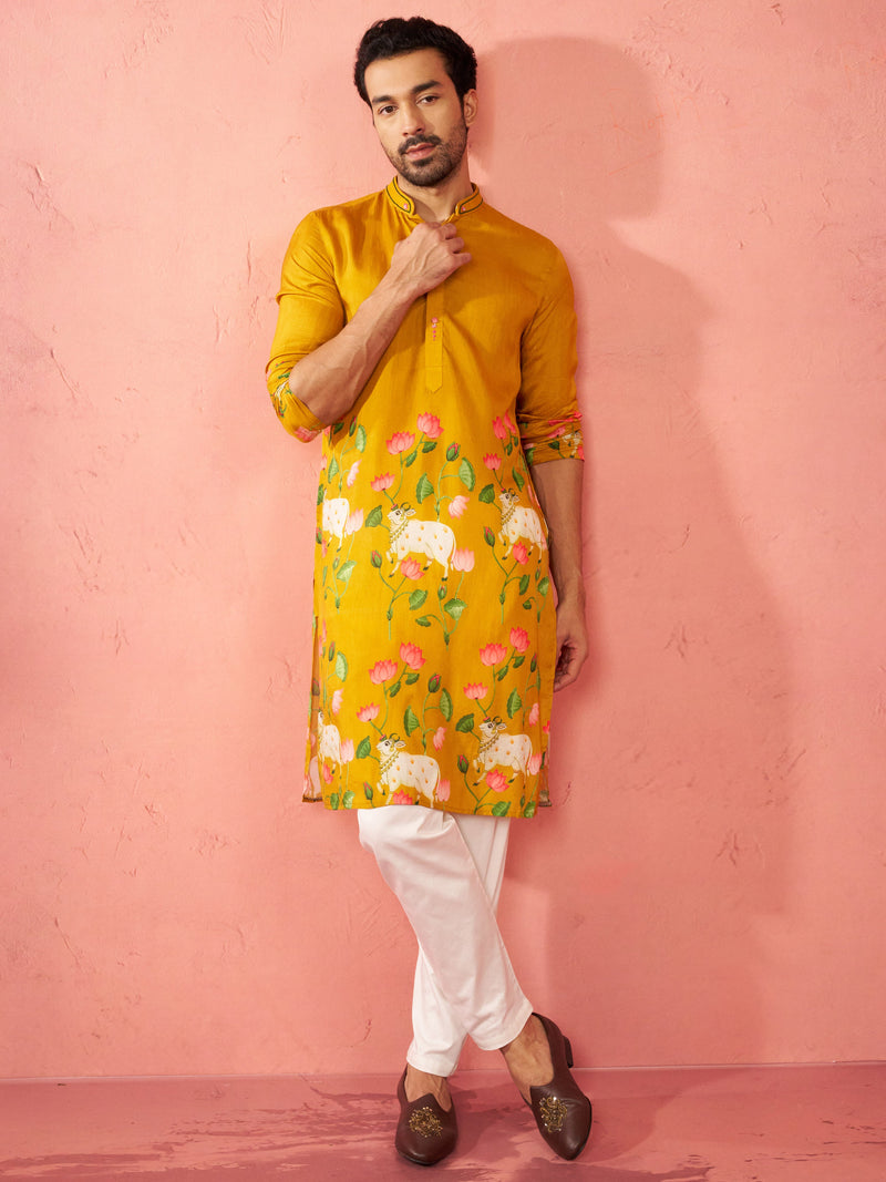 Men's Mustard Dola Silk Kurta Set with Cream Pyjama