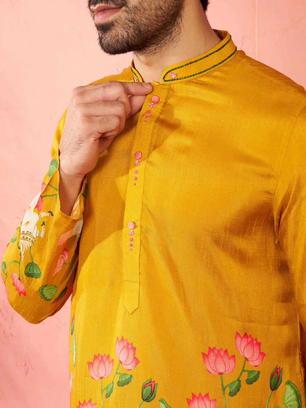 Men's Mustard Dola Silk Kurta Set with Cream Pyjama