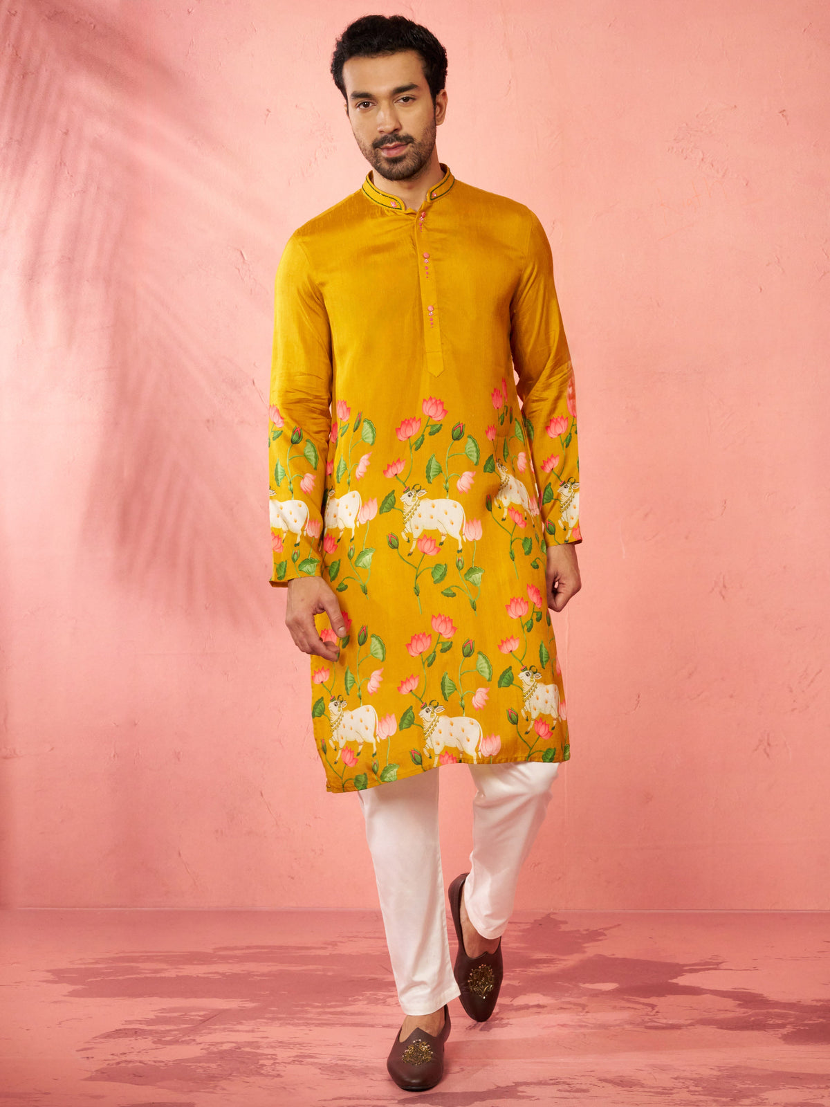 Men's Mustard Dola Silk Kurta Set with Cream Pyjama