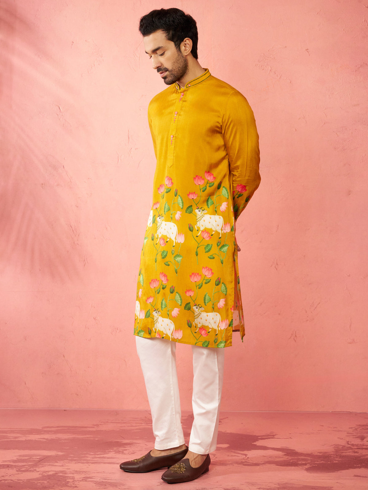 Men's Mustard Dola Silk Kurta Set with Cream Pyjama