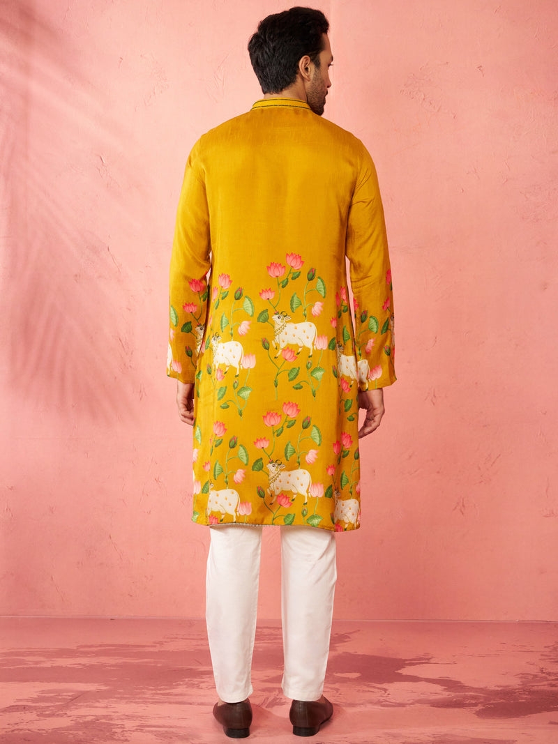 Men's Mustard Dola Silk Kurta Set with Cream Pyjama
