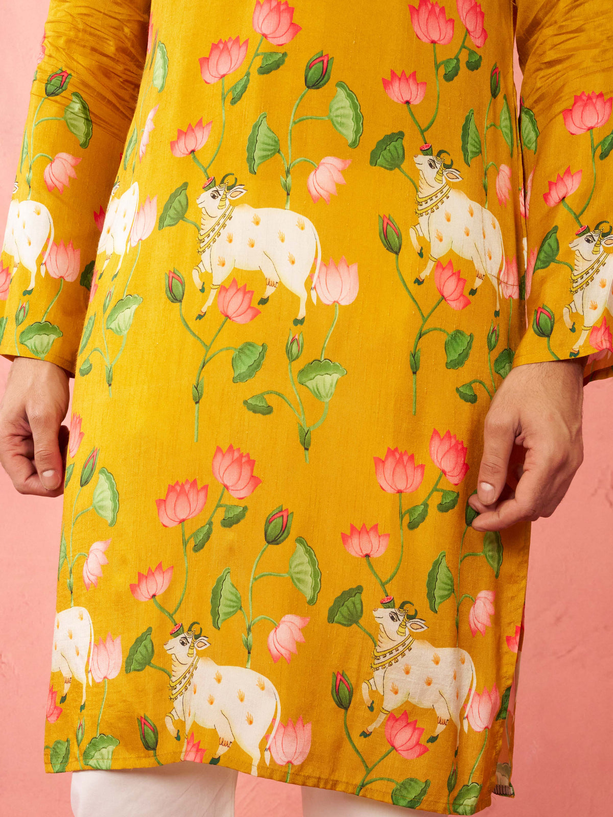 Men's Mustard Dola Silk Kurta Set with Cream Pyjama