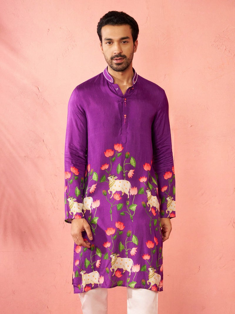 Men's Purple Digital Print Long Kurta