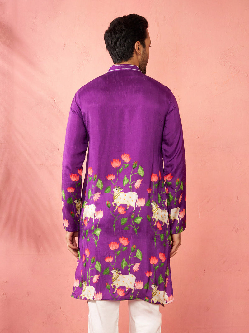 Men's Purple Digital Print Long Kurta