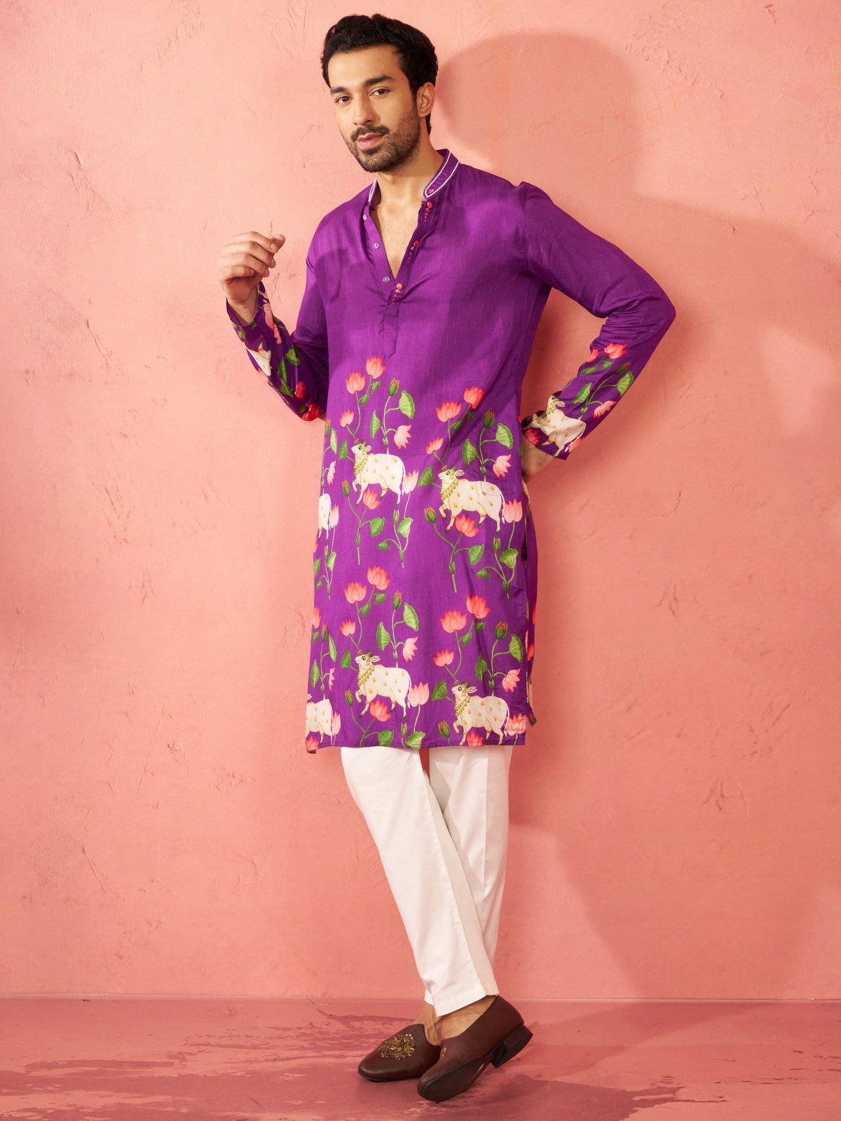 Men's Purple Digital Print Long Kurta
