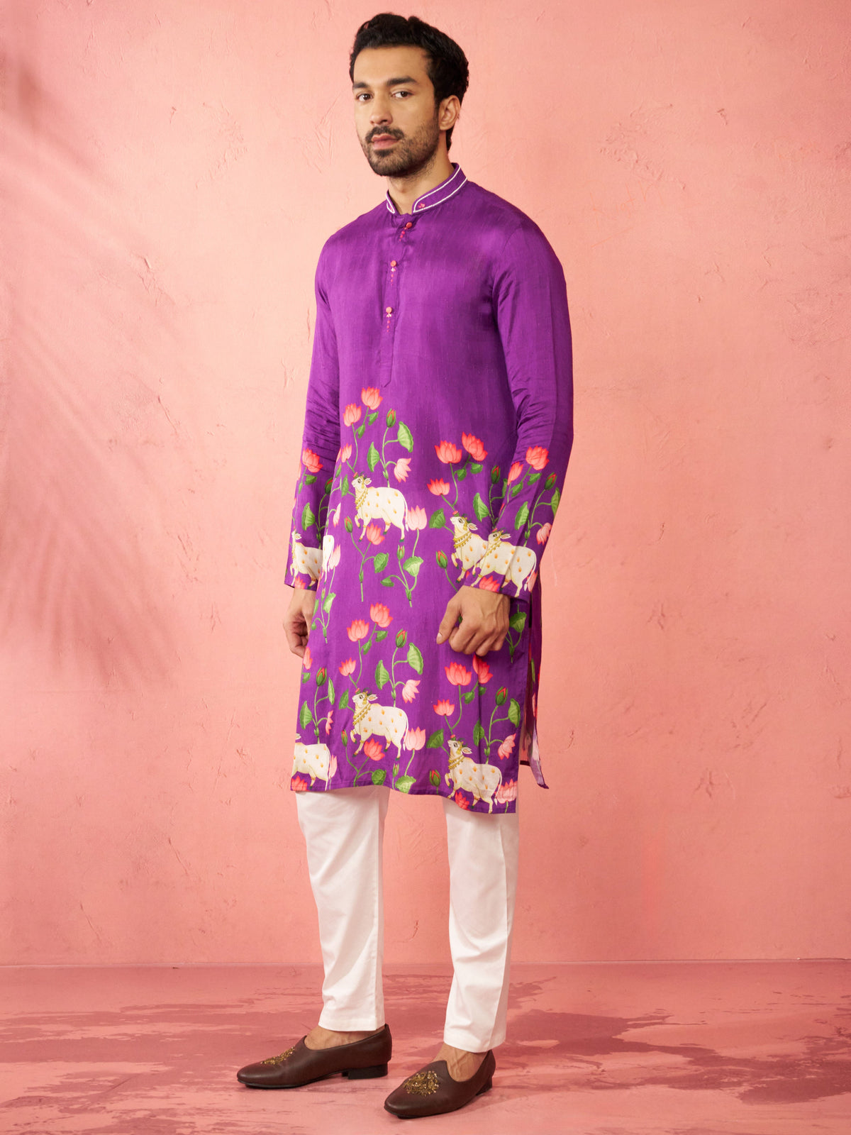 Men's Purple Dola Silk Digital Print Kurta with Cream Pyjama