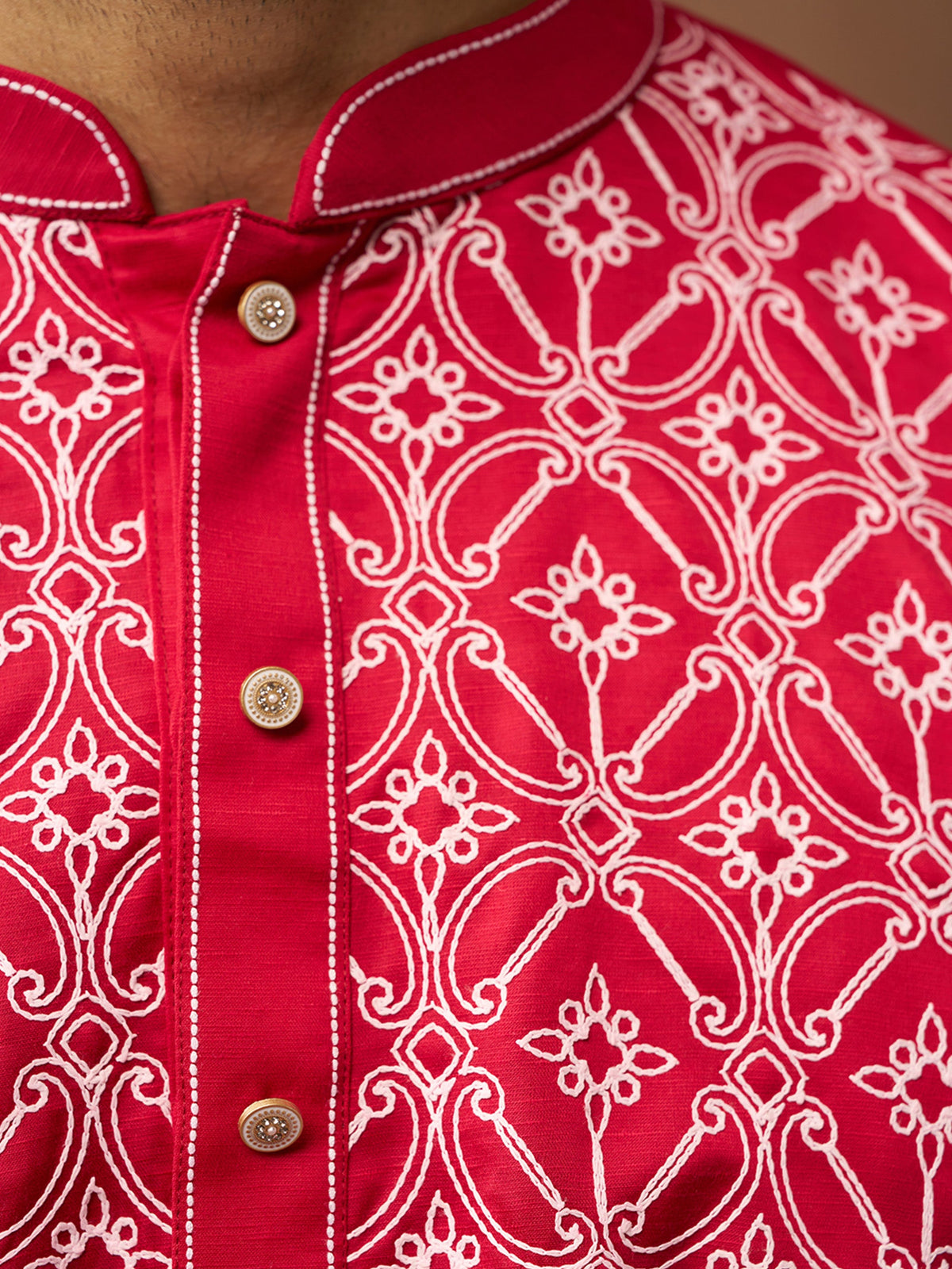 Vastramay Men Red Linen Silk Thread Embroidered Kurta