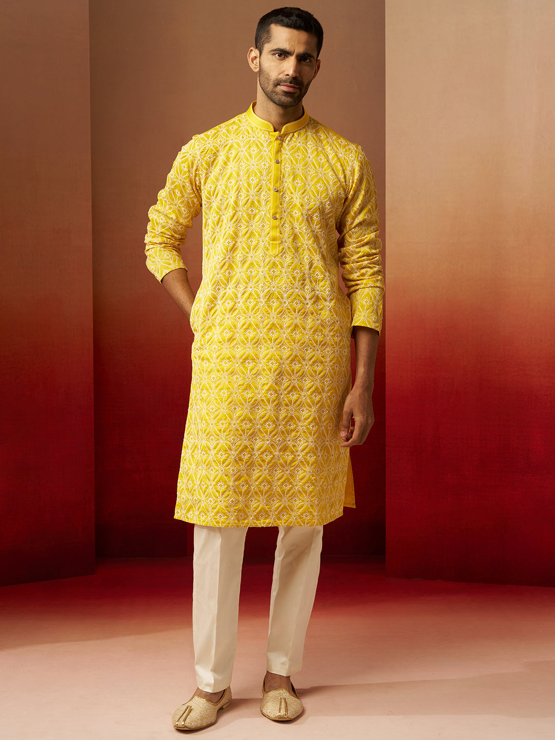 Vastramay Men Yellow Linen Silk Thread Embroidered Kurta