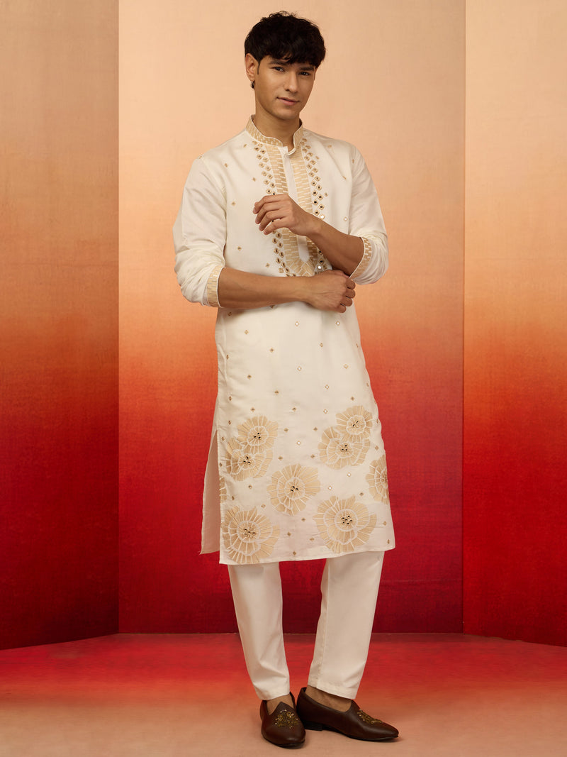Men's Chiku Multi Embroidered Silk Kurta