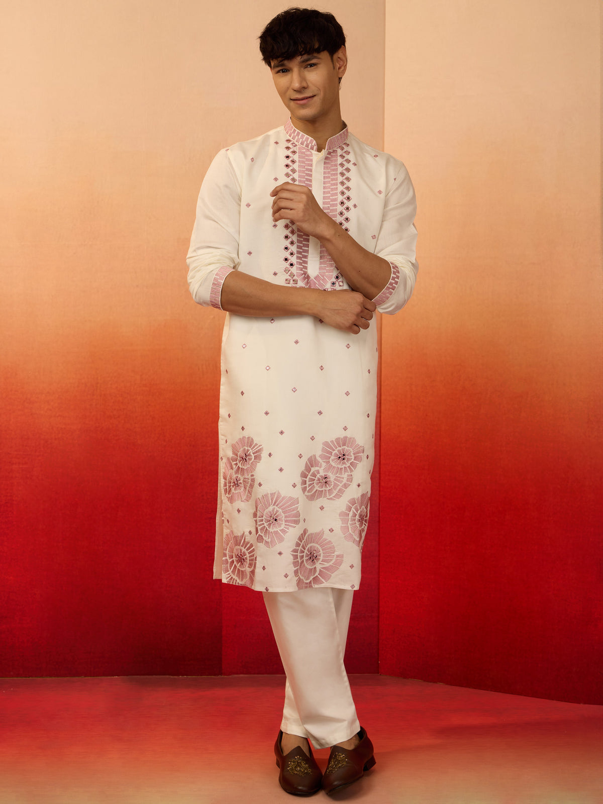 Men's Onion Silk Blend Embroidered Kurta with Cream Pyjama