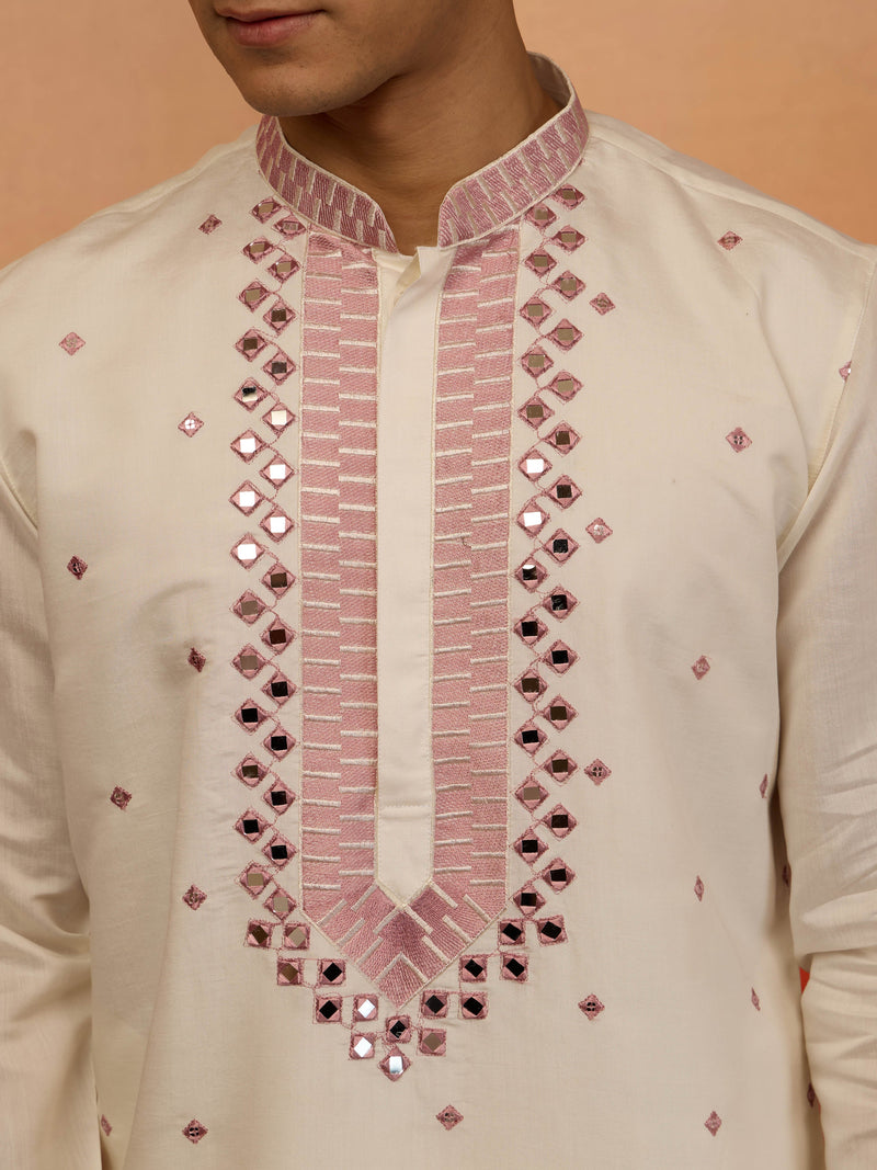 Men's Onion Silk Blend Embroidered Kurta with Cream Pyjama